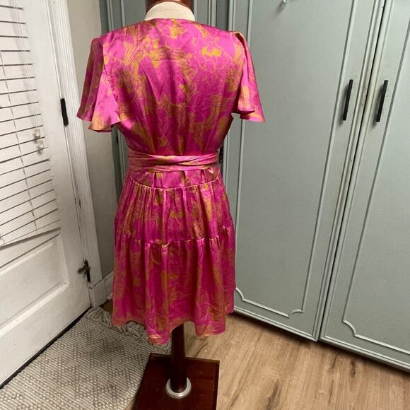Tanya Taylor Paris Hammered Silk Dress Size 10 Wrap Flutter Sleeve Pink Ruffle - Picture 8 of 11